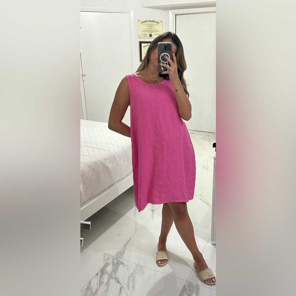 CP Shades “Jess” Scoop Neck Linen Dress in Hot Pink